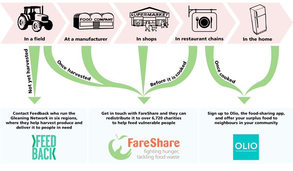 What should I do with my surplus food diagram? If you have surplus food in a field, send it to Feedback, if you are a manufacturer, a shop or restaurant send it to FareShare. If you have surplus food in your home or restaurant send it to Olio. By doing this you can stop food waste.